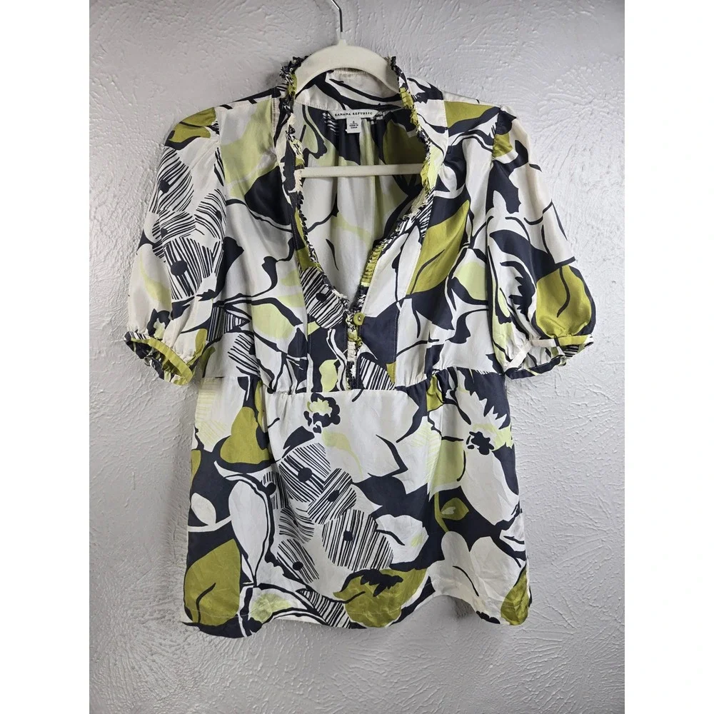 100% Silk Abstract Floral Print Blouse Small Chartreuse Green Babydoll Artsy Top